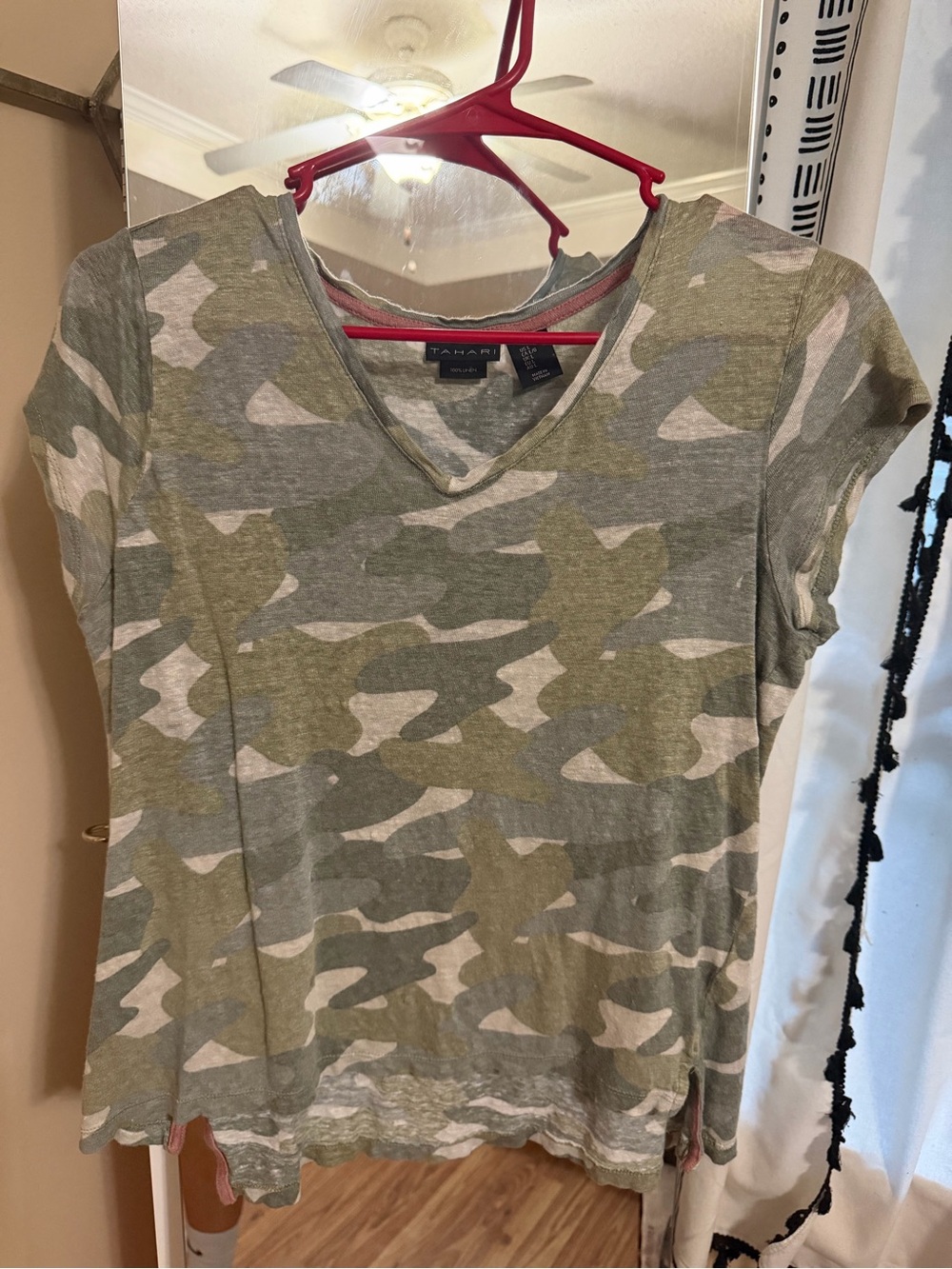 Tahari Olive and Cream Camo V-Neck Short Sleeve Linen Top